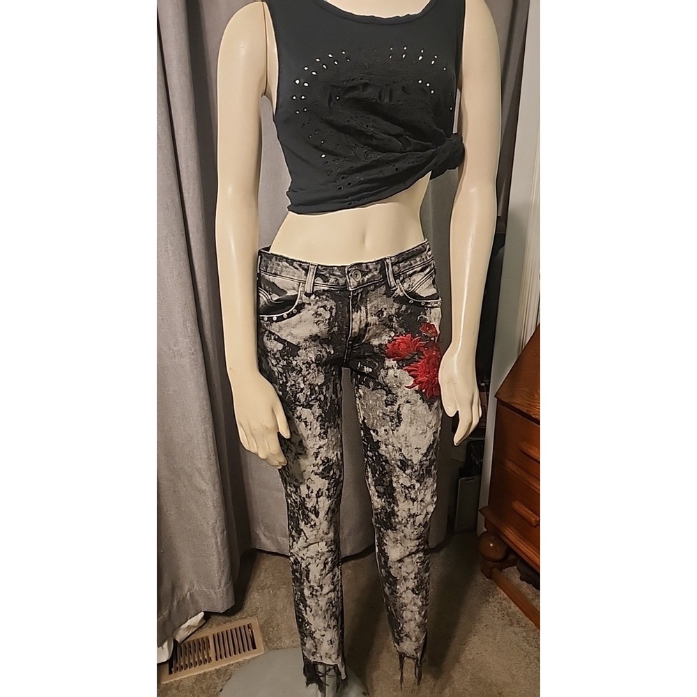 Zara Floral Embroidered Jeans Black Studded Bleach Splash Skinny Fit Sz 6 Grunge